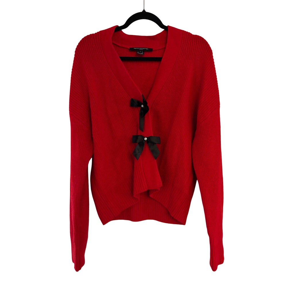 French Connection Red Rib Knit Bow Front Cardigan Pearl Accent Medium 78ZRW